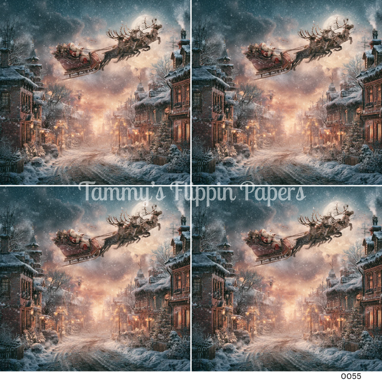 TFP Quad 0055 - Santa's Moonlit Flight Barn Decoupage Paper