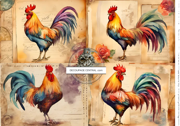 Roosters on Parchment Rice Paper (DC164) - Decoupage Central – Flippin ...