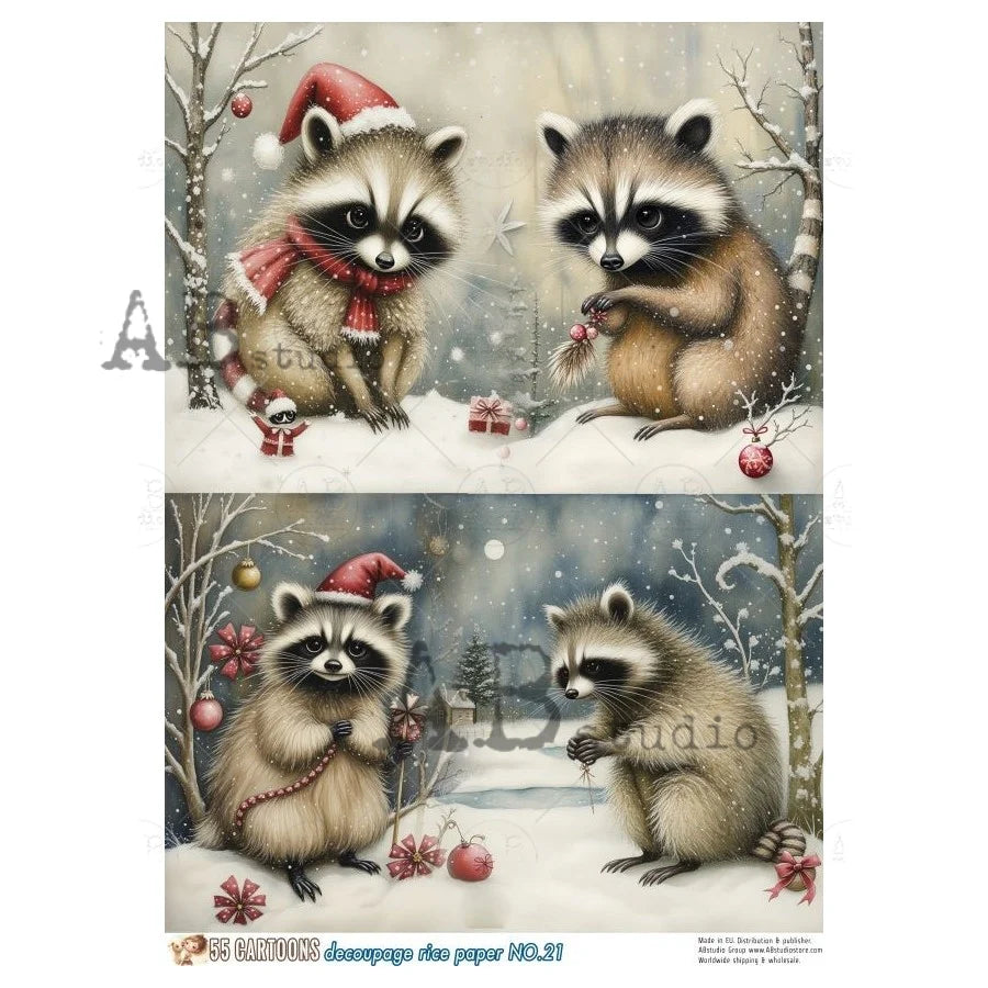 Snowy Raccoon Friends Rice Paper (No. 21) - 55 Cartoons, Decoupage Central
