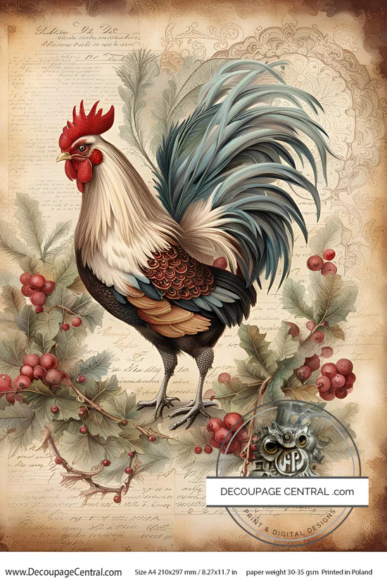 Christmas Rooster Rice Paper (DC114) - Decoupage Central
