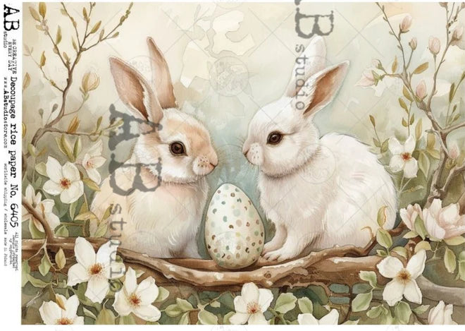 Bunnies in Dogwood (#6405) Rice Paper- AB Studios Decoupage Central