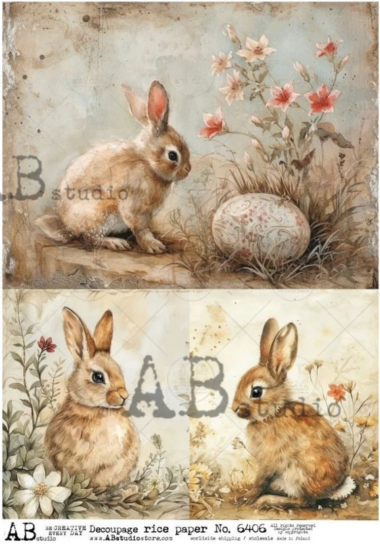 Cute Bunny Trio (#6406) Rice Paper- AB Studios Decoupage Central