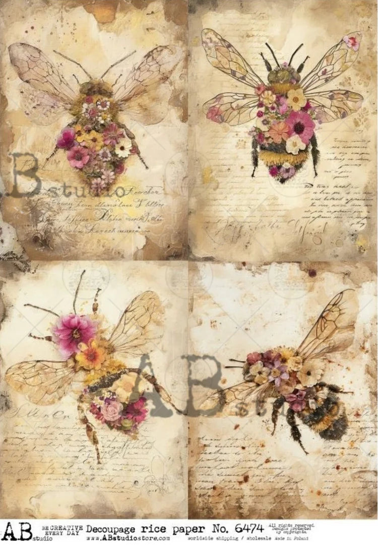 Flower Bees Quad (#6474) Rice Paper - AB Studios Decoupage Central