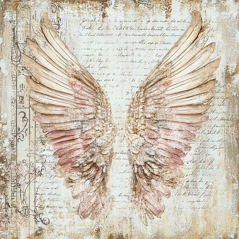 A sheet of tissue paper with a printed pair of angel wings in shades of beige, cream, and pink, set against a vintage-style background with faded script and ornate flourishes.