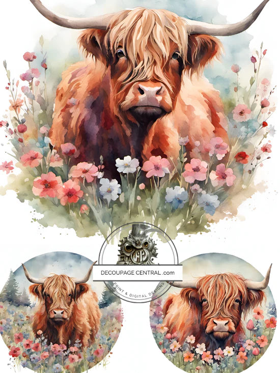 Highland Cow Circles Rice Paper (DC197) - Decoupage Central