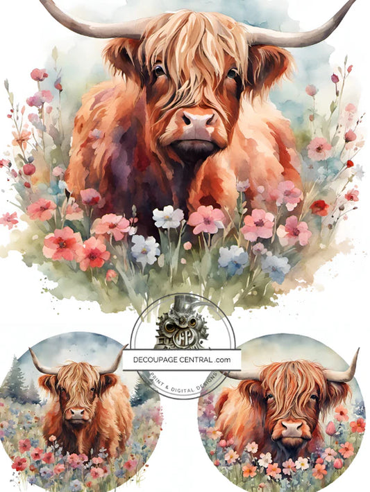 Highland Cow Circles A4 Rice Paper - Decoupage Central