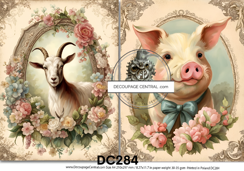 Framed Pig & Goat Rice Paper (DC284) - Decoupage Central