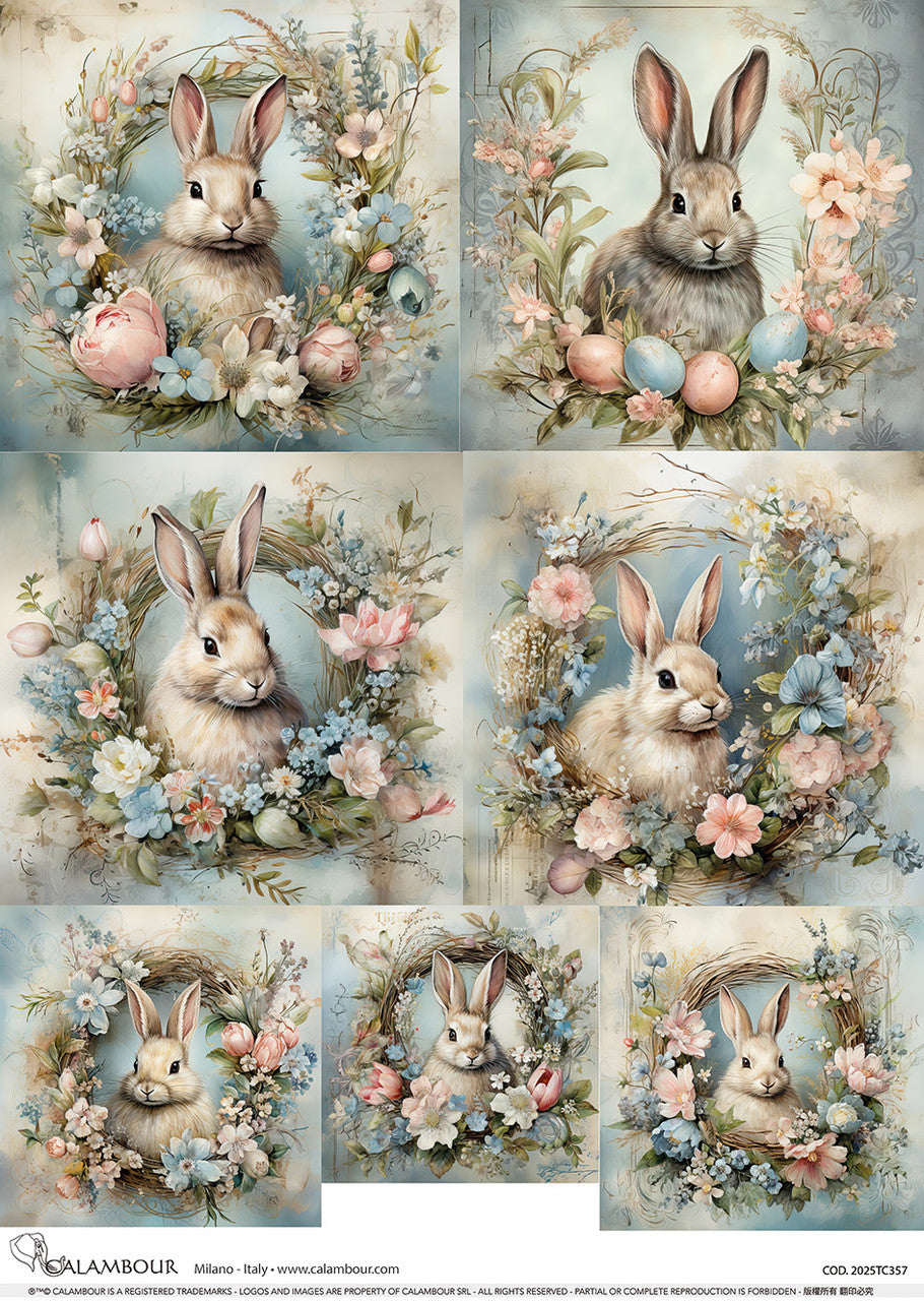 Spring Wreath Framed Bunny Portraits 2 Rice Paper (2025TC357) - Calambour