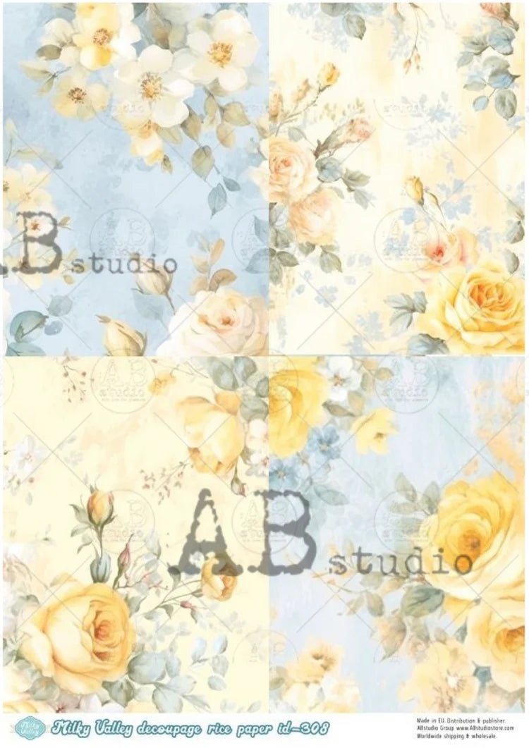 Milky Valley, Yellow Rose Quad (#ID308) Rice Paper - AB Studios
