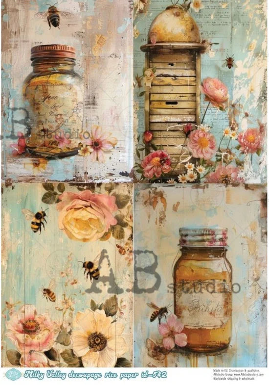 Milky Valley, Patina Bees & Honey Quad (#ID542) Rice Paper - Decoupage Central