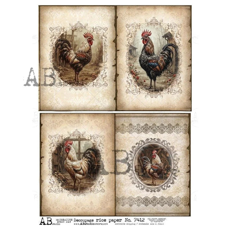 Rooster Portrait Quartet Rice Paper (7412) - AB Studios