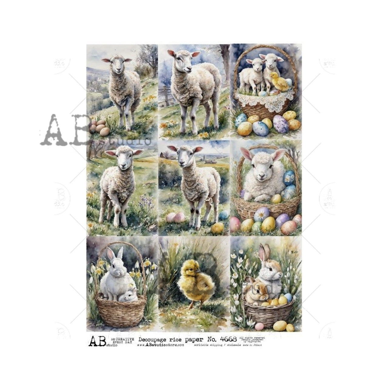 Nine Pack of Easter Lamb, Bunnies, Chicks (#4668) Rice Paper- AB Studios Decoupage Queen