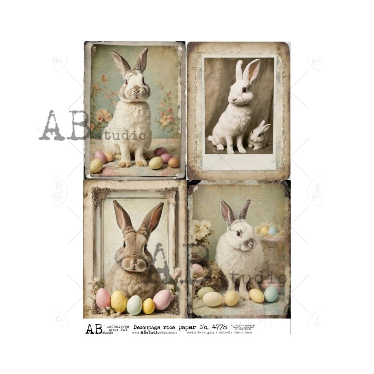 Framed Bunnies Four Pack (#4778) Rice Paper- AB Studios Decoupage Queen