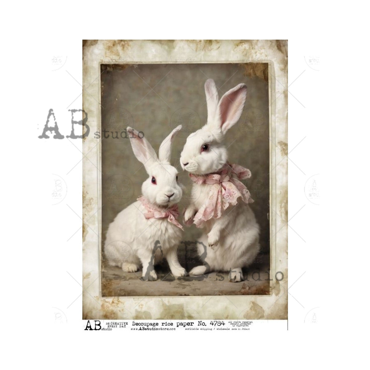 Pair of Bunnies with Pink Bows (#4784) Rice Paper- AB Studios Decoupage Queen