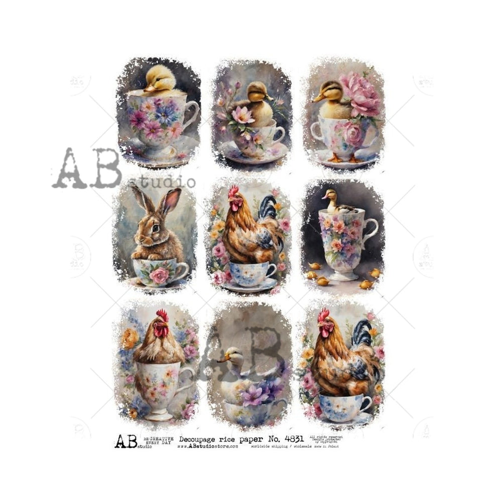 Animals in Teacups (#4831) Rice Paper- AB Studios