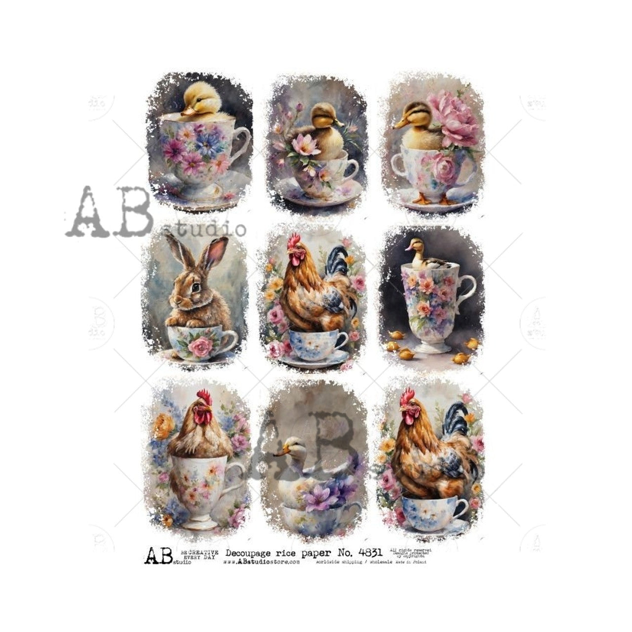 Animals in Teacups (#4831) Rice Paper- AB Studios Decoupage Queen