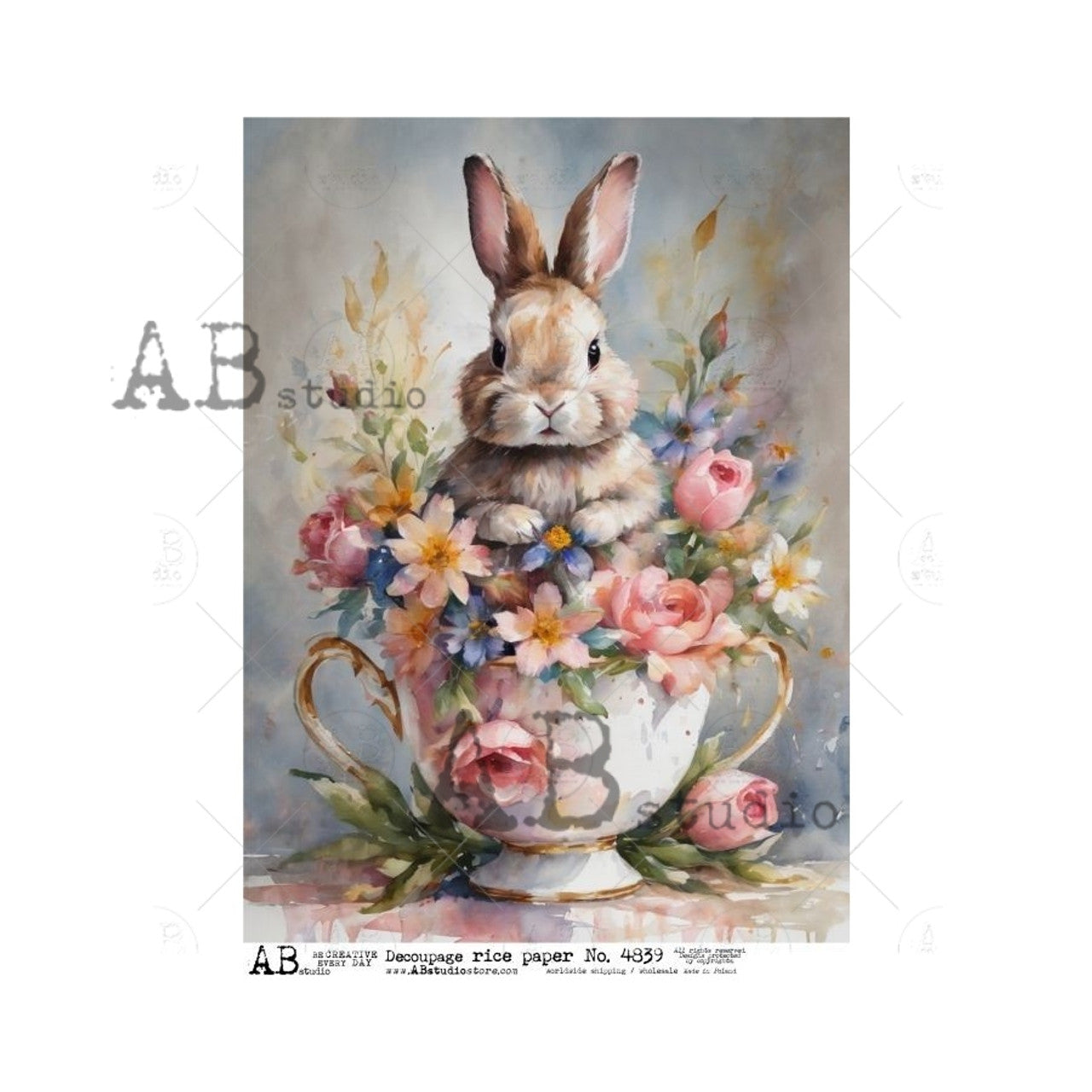 Bunny in Teacup with Mixed Spring Florals (#4839) Rice Paper- AB Studios Decoupage Queen