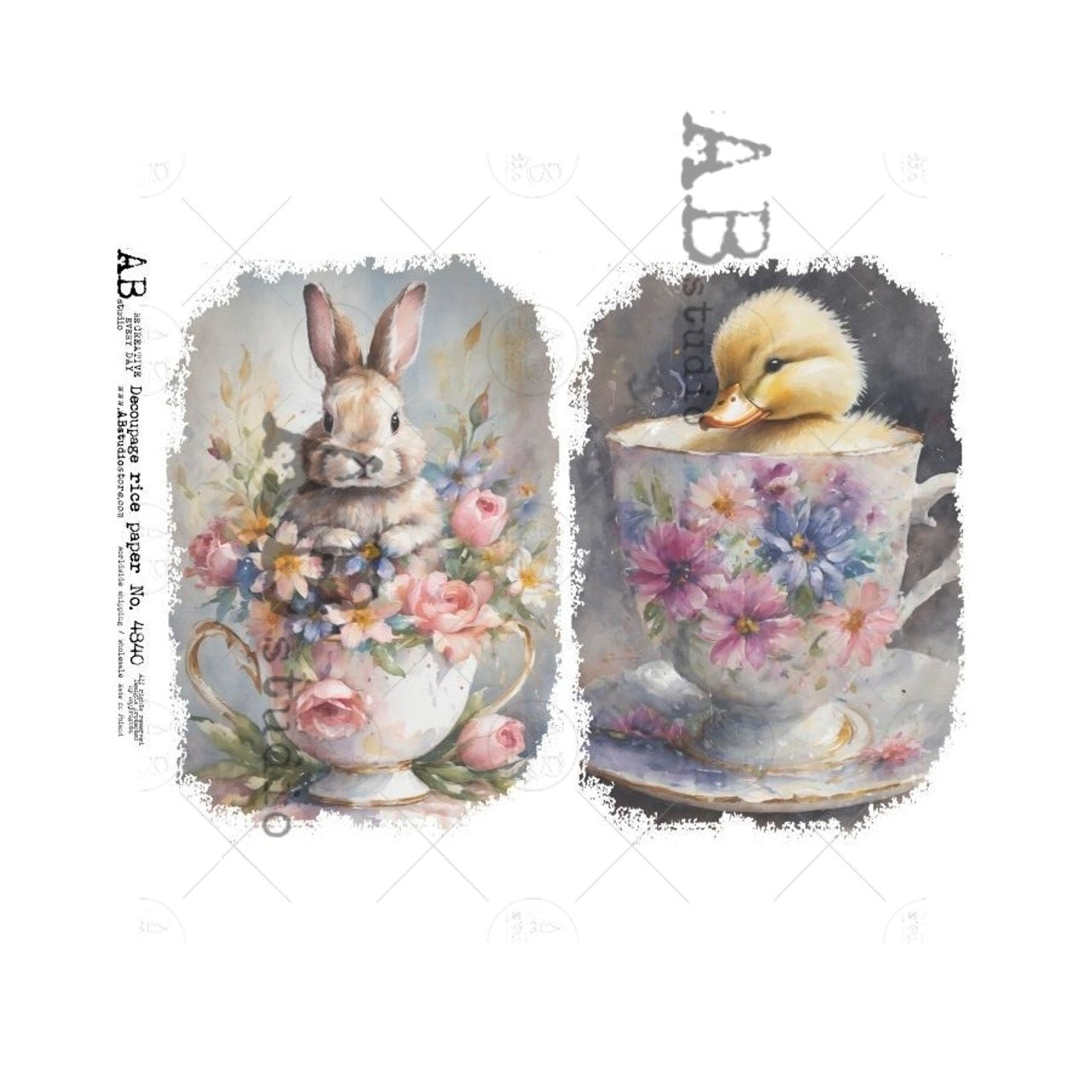 Bunny & Chick Teacups Pair (#4840) Rice Paper- AB Studios Decoupage Queen