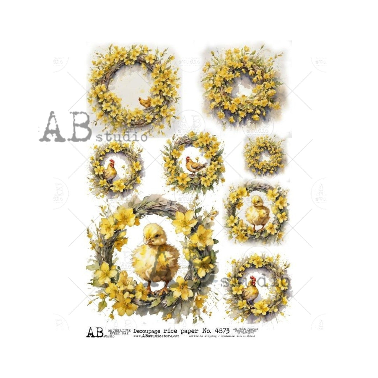 Wreath Framed Chicks (#4873) Rice Paper- AB Studios Decoupage Queen