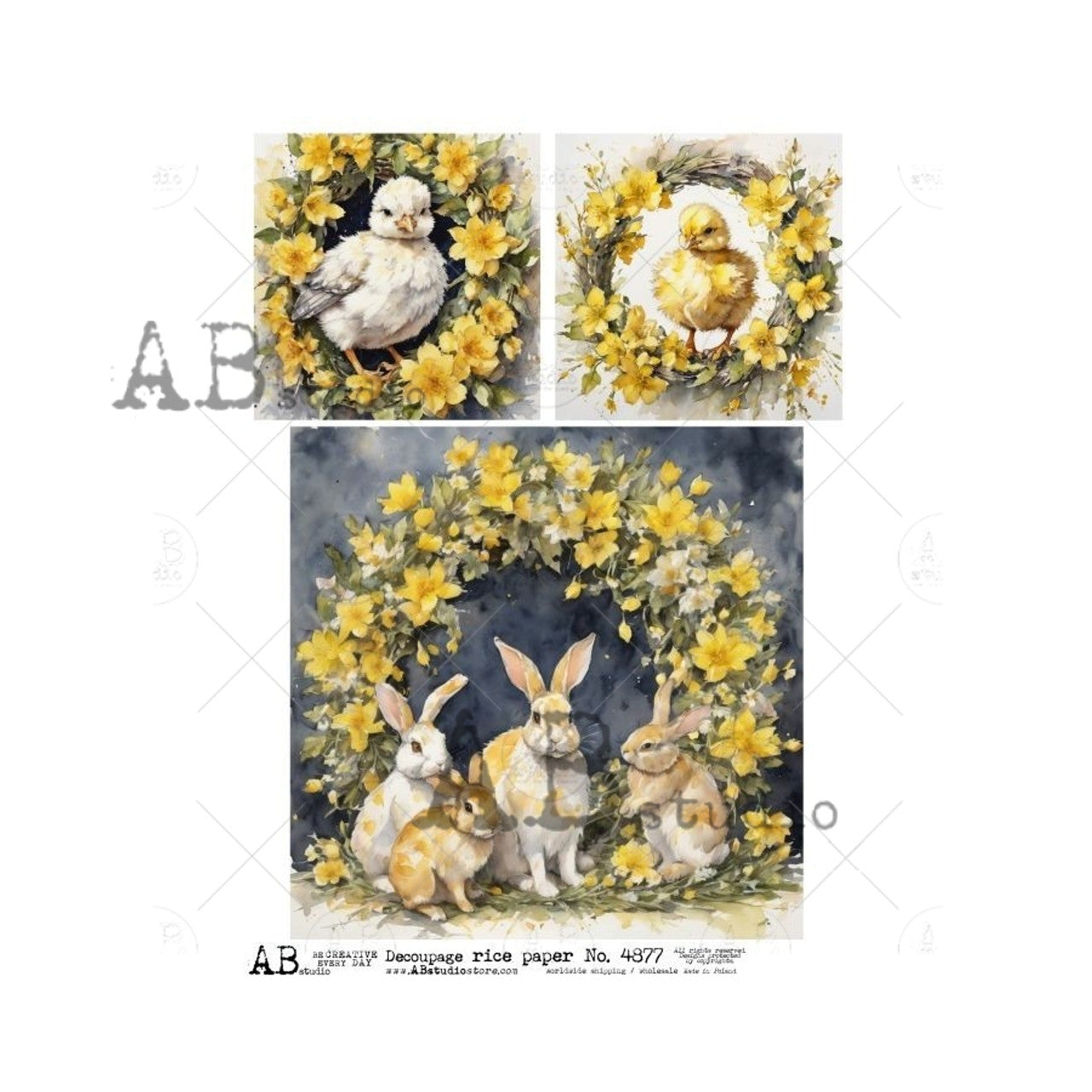 Wreath Framed Easter Chicks & Bunnies (#4877) Rice Paper- AB Studios Decoupage Queen