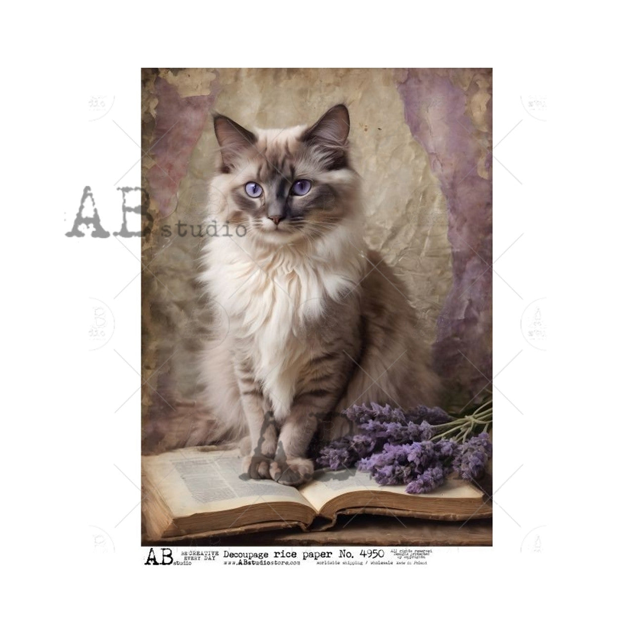 Lavender Kitty on a Book (#4950) Rice Paper- AB Studios Decoupage Queen