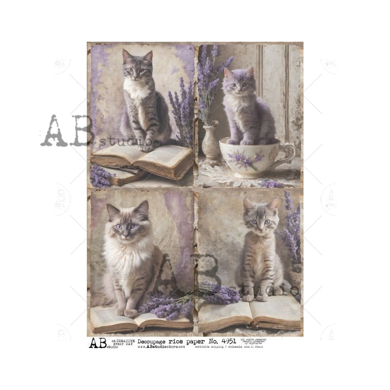 Lavender Kitties (#4951) Rice Paper- AB Studios Decoupage Queen