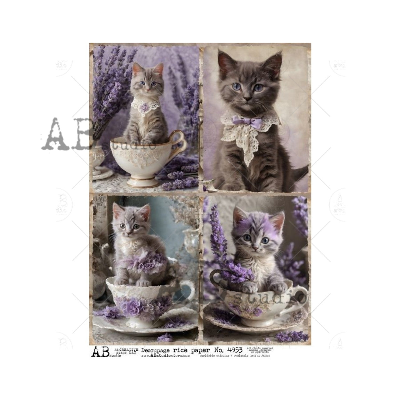Four Kitties in Teacups (#4953) Rice Paper- AB Studios Decoupage Queen