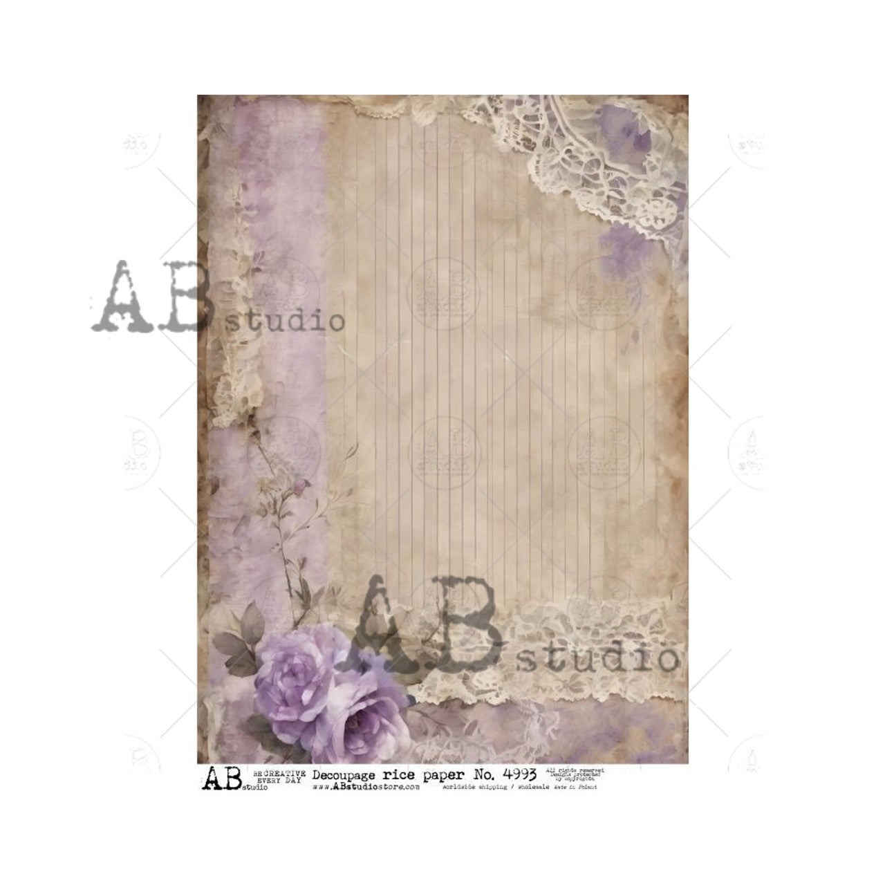 Lavender Roses & Old Paper (#4993) Rice Paper- AB Studios Decoupage Queen