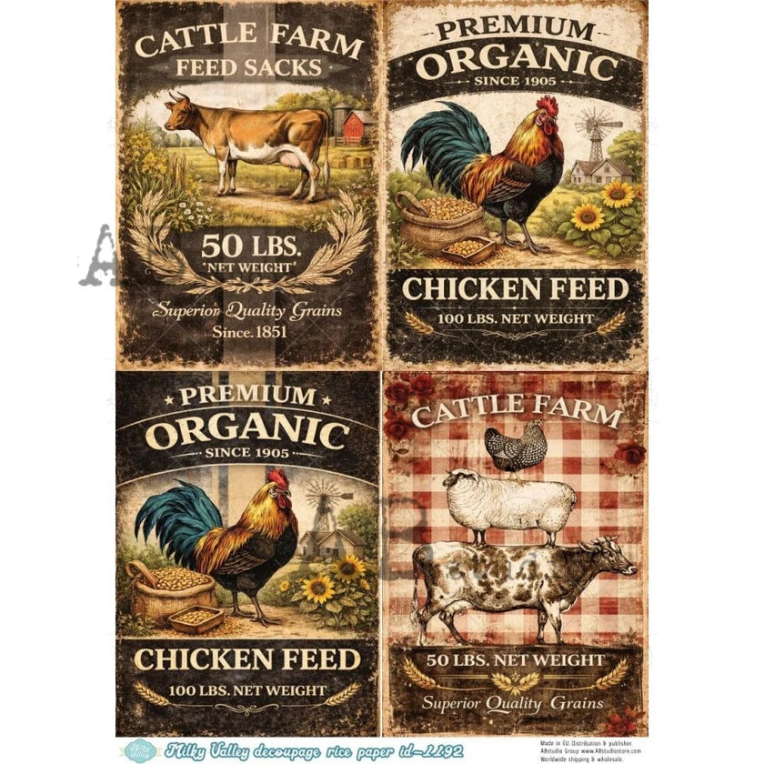 Vintage Feed Sack Collection (#ID1192) Rice Paper - Milky Valley