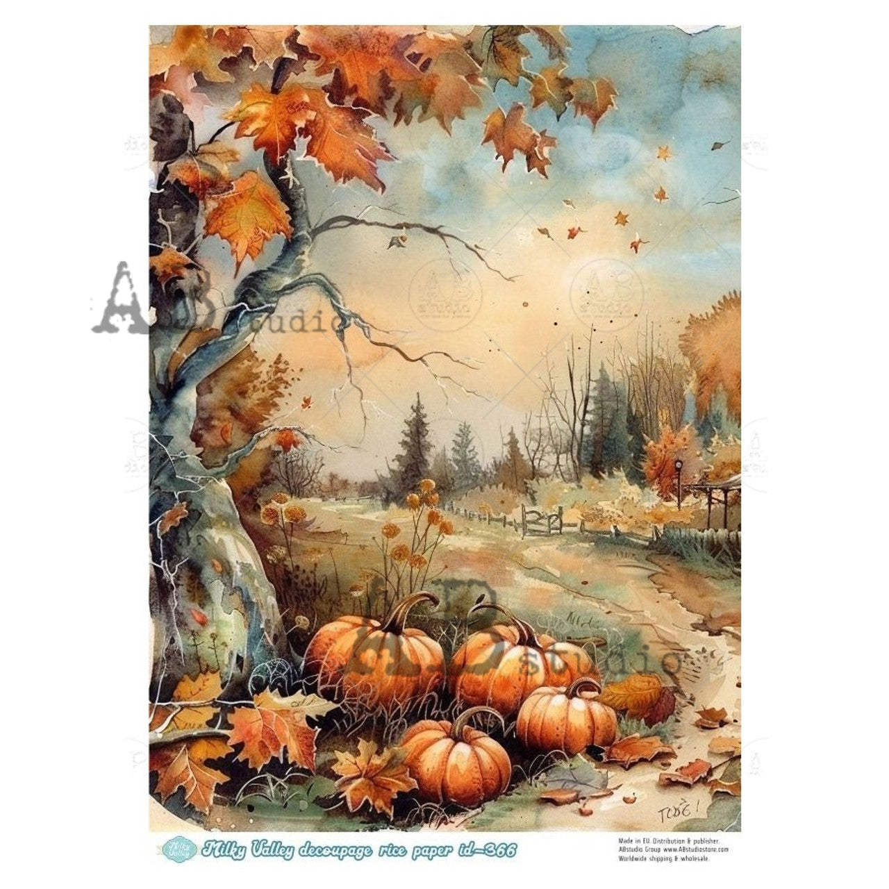 Milky Valley, Fall Twisted Tree & Pumpkins Scene (#ID366) Rice Paper - AB Studios