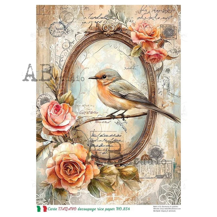 Vintage Oval Songbird Rice Paper (854) - Carte Italiano