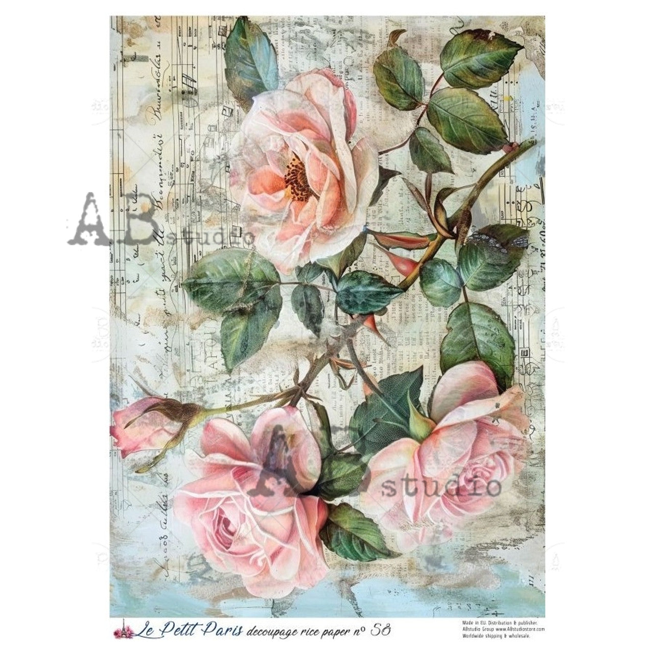 Large Pink Rose Rice Paper (58) - Le Petit Paris - Decoupage Queen