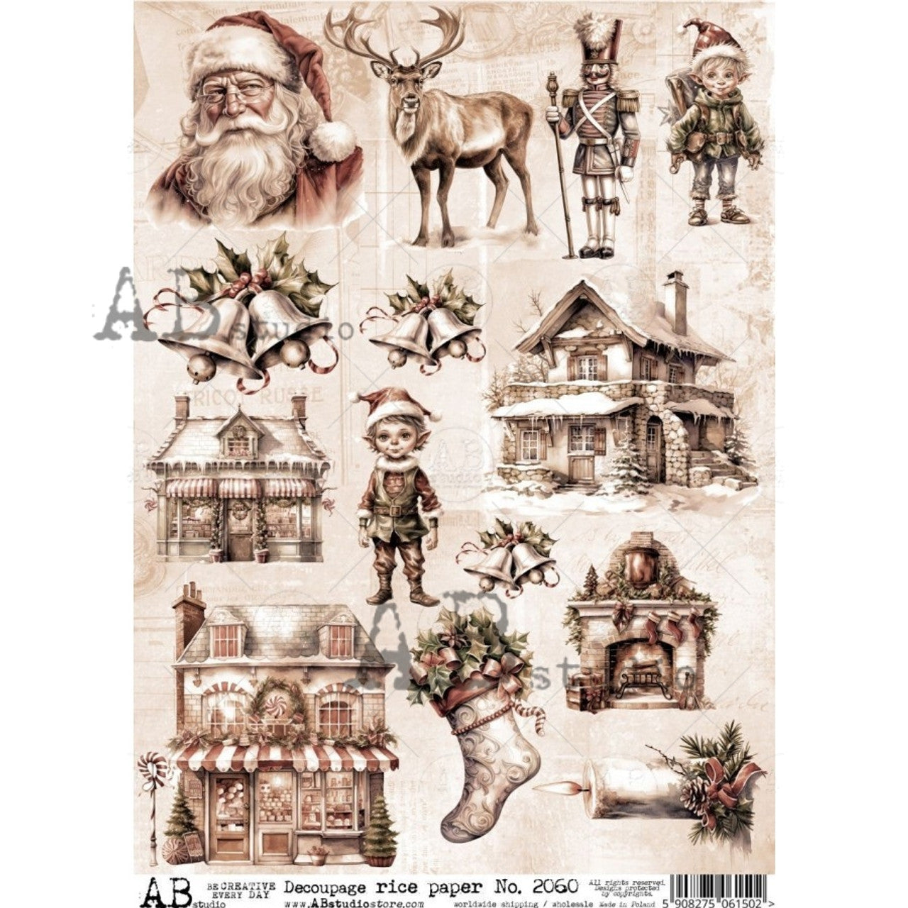 Sepia Elves & Holiday Stores (#2060) Rice Paper- AB Studios Decoupage Queen