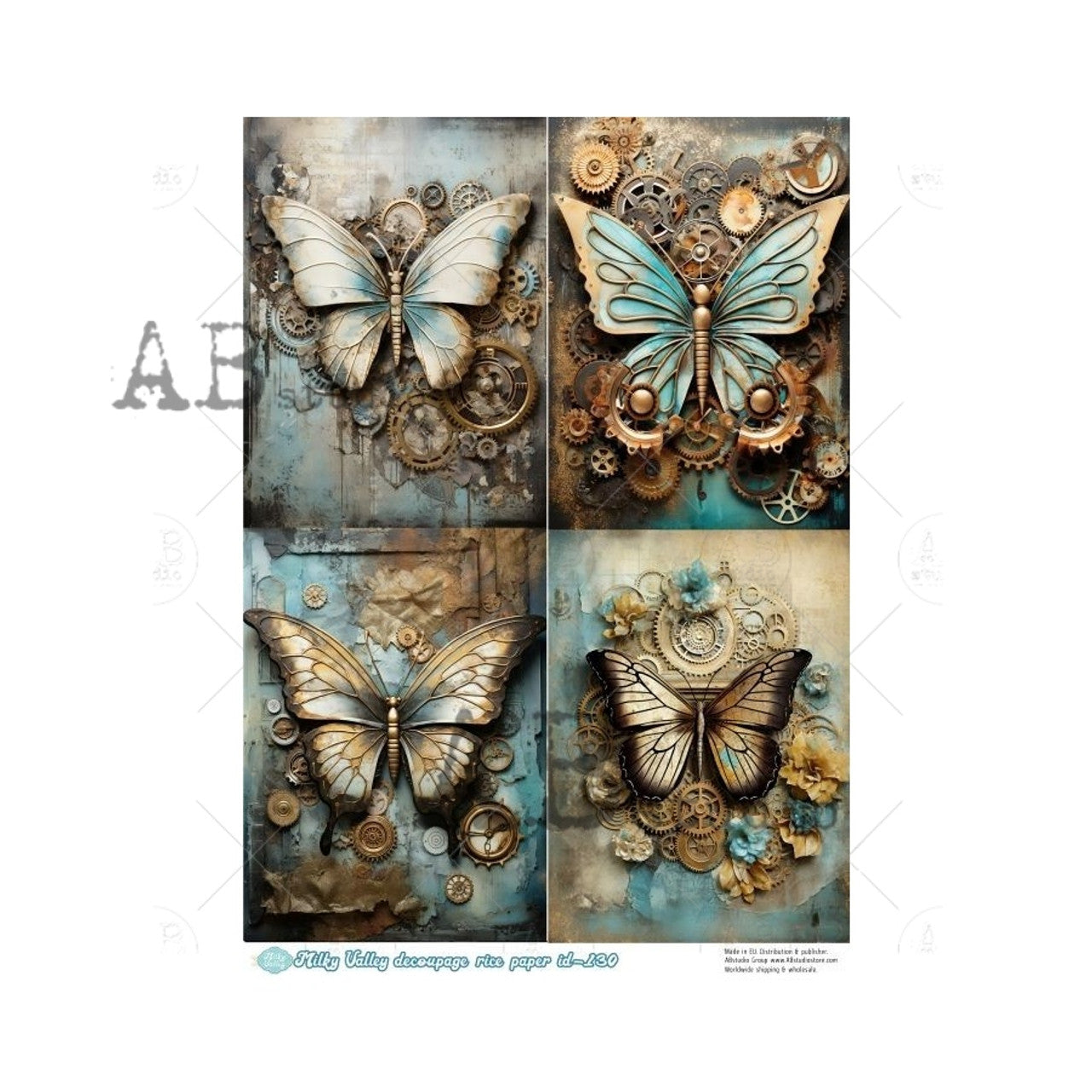 Milky Valley Steampunk Butterflies Four Pack (#ID130) Rice Paper - AB Studios
