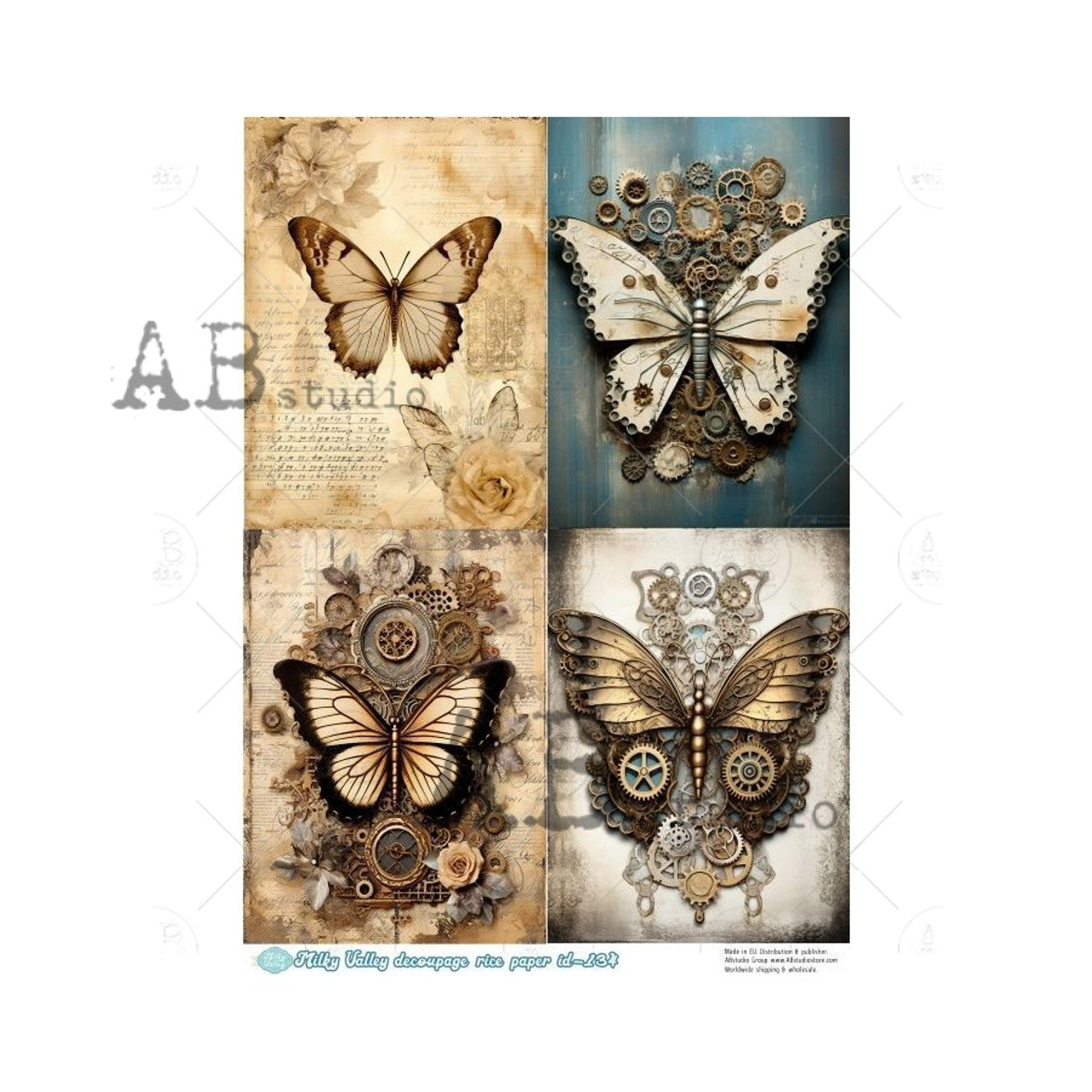 Rustic Butterflies Four Pack (#ID134) Rice Paper - AB Studios