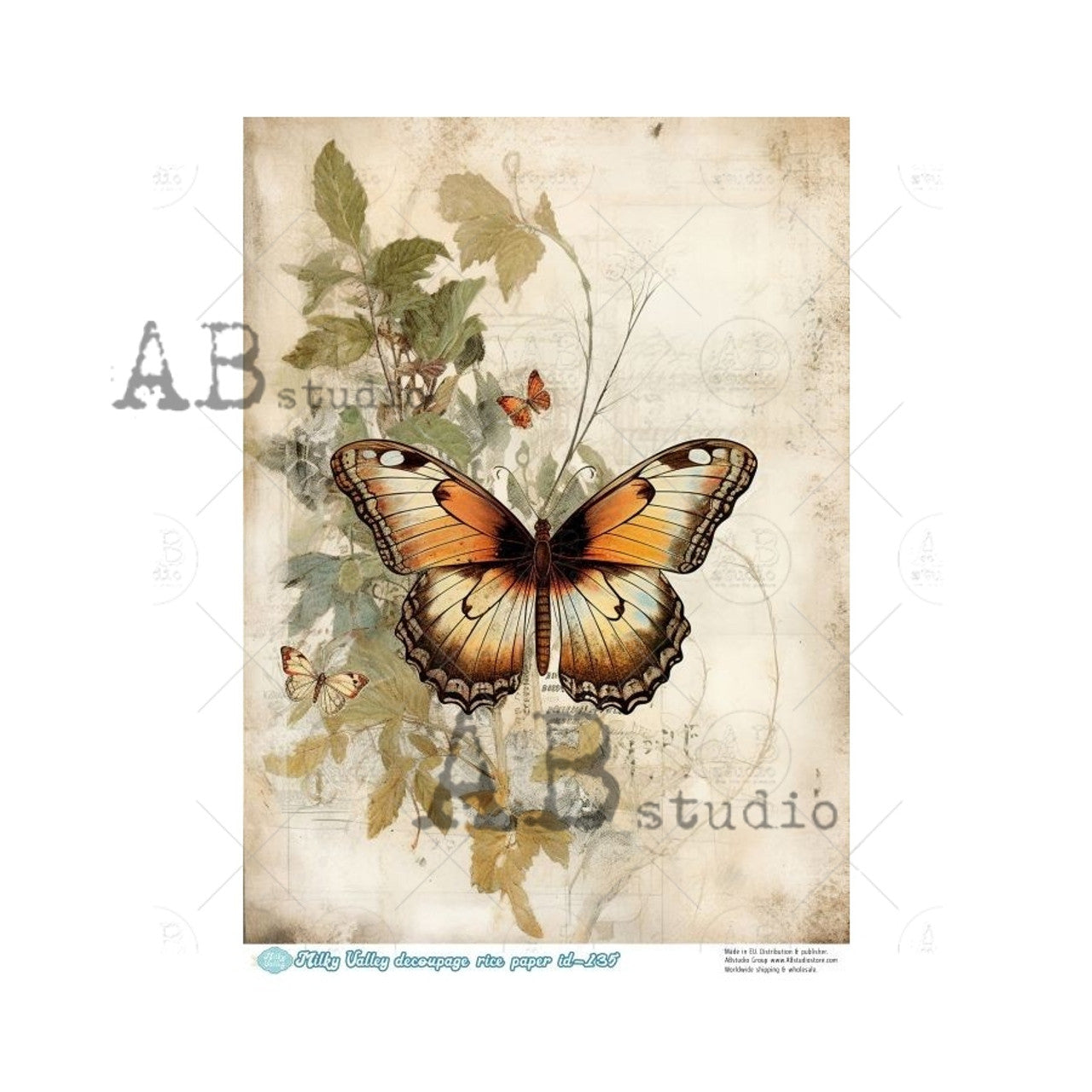 Soft Rustic Butterfly (#ID135) Rice Paper- AB Studios Decoupage Queen