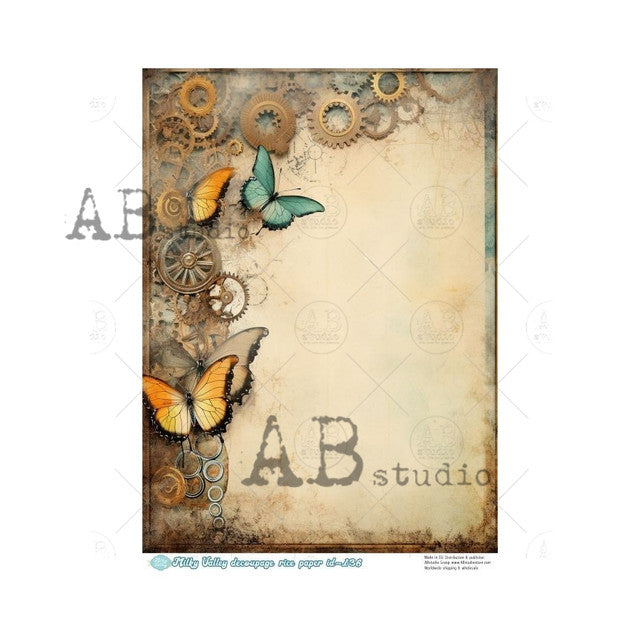 Steampunk Butterfly Journal Page (#ID136) Rice Paper- AB Studios Decoupage Queen