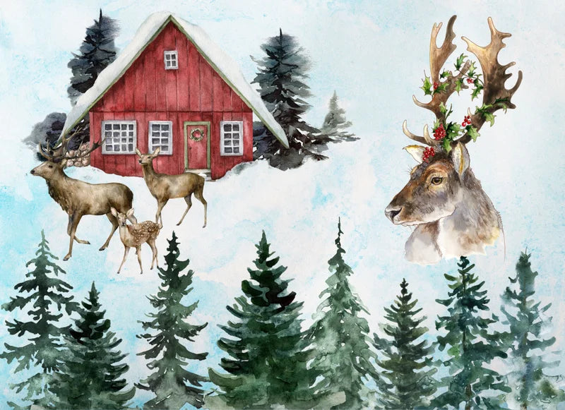 Red Barn, Pine Trees, & Buck Decoupage Tissue - Deborah Bucher Designs