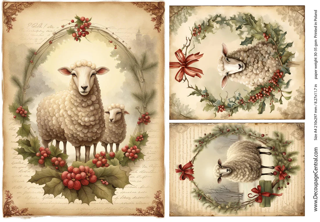 Christmas Sheep Trio Rice Paper (DC120) - Decoupage Central
