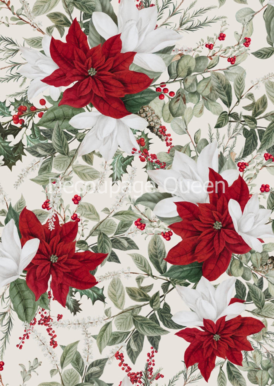 Forest Lore, Christmas Floral White Rice Paper - Retired - Decoupage Queen
