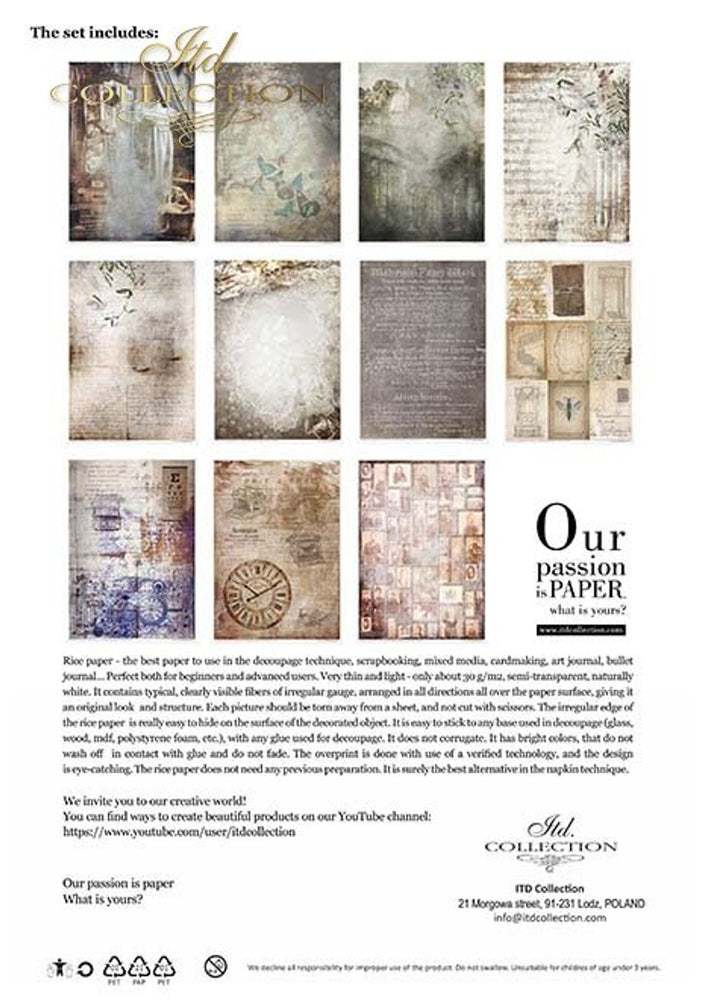 Old Diary Ephemeral Moments Rice Paper Pack (11 Papers) - ITD Collection