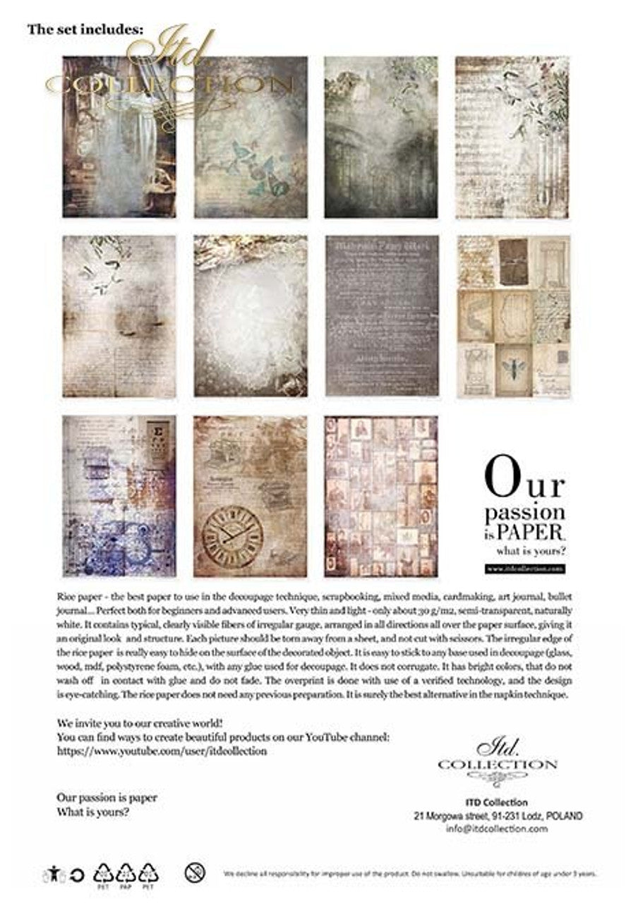 Old Diary Ephemeral Moments Rice Paper Pack (11 Papers) - ITD Collection