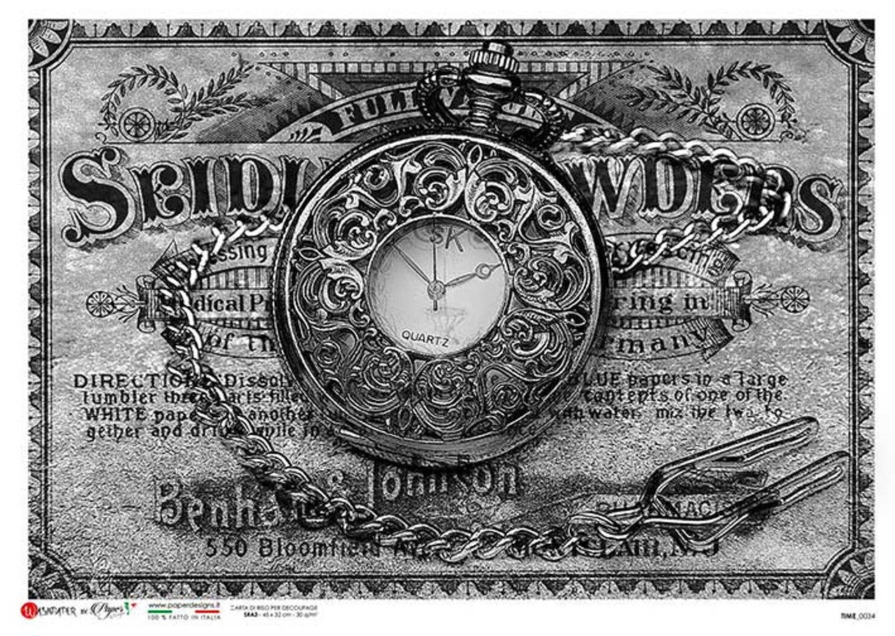 Time 0033 (Clock Timepiece Gray) Rice Paper- Decoupage Queen