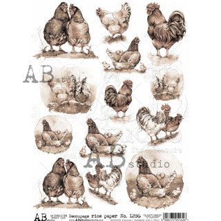 Sepia Hens & Roosters Rice Paper (1286) - AB Studio