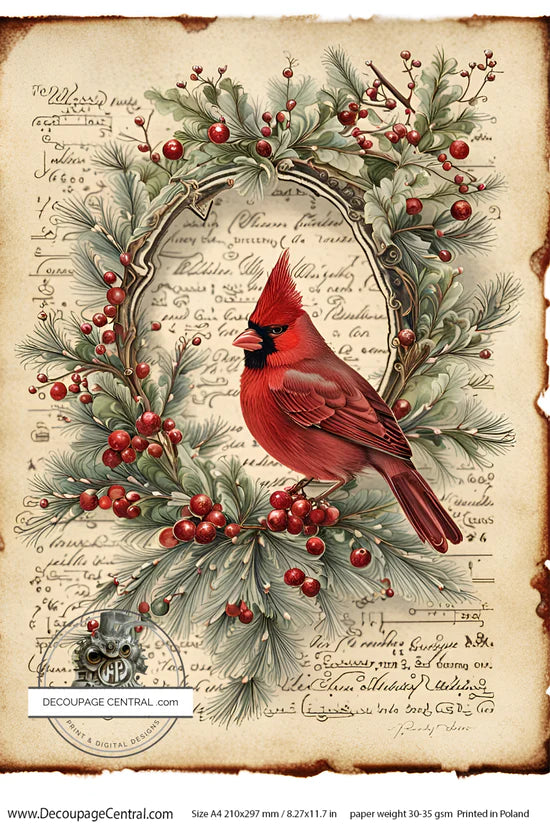 Christmas Cardinal in Wreath A4 Rice Paper - Decoupage Central