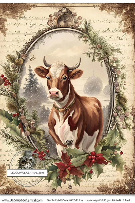 Bessie the Christmas Cow A4 Rice Paper - Decoupage Central