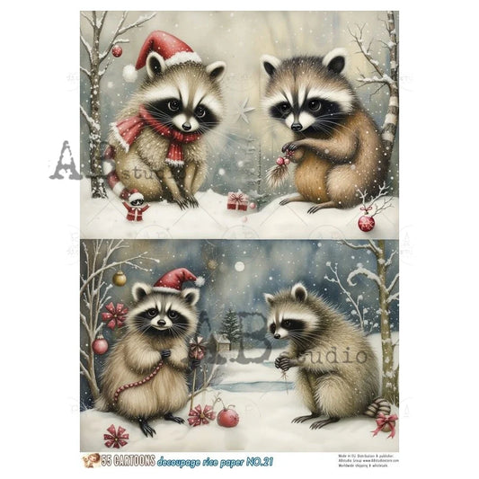 Snowy Raccoon Friends Rice Paper (No. 21) - 55 Cartoons, Decoupage Central