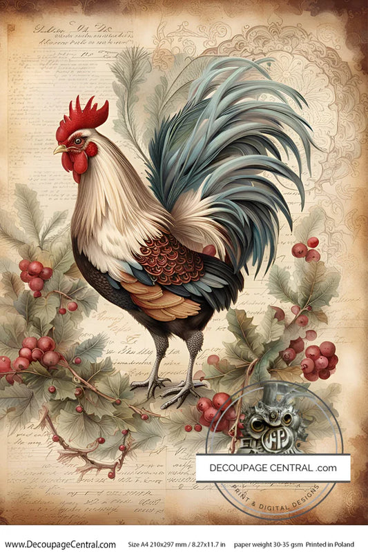 Christmas Rooster A4 Rice Paper - Decoupage Central