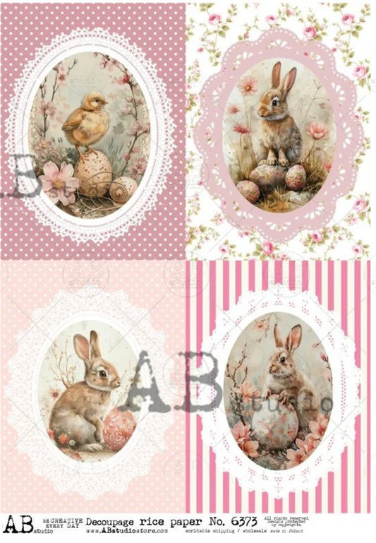 Pink Bunny Quad (#6373) Rice Paper- AB Studios  Decoupage Central