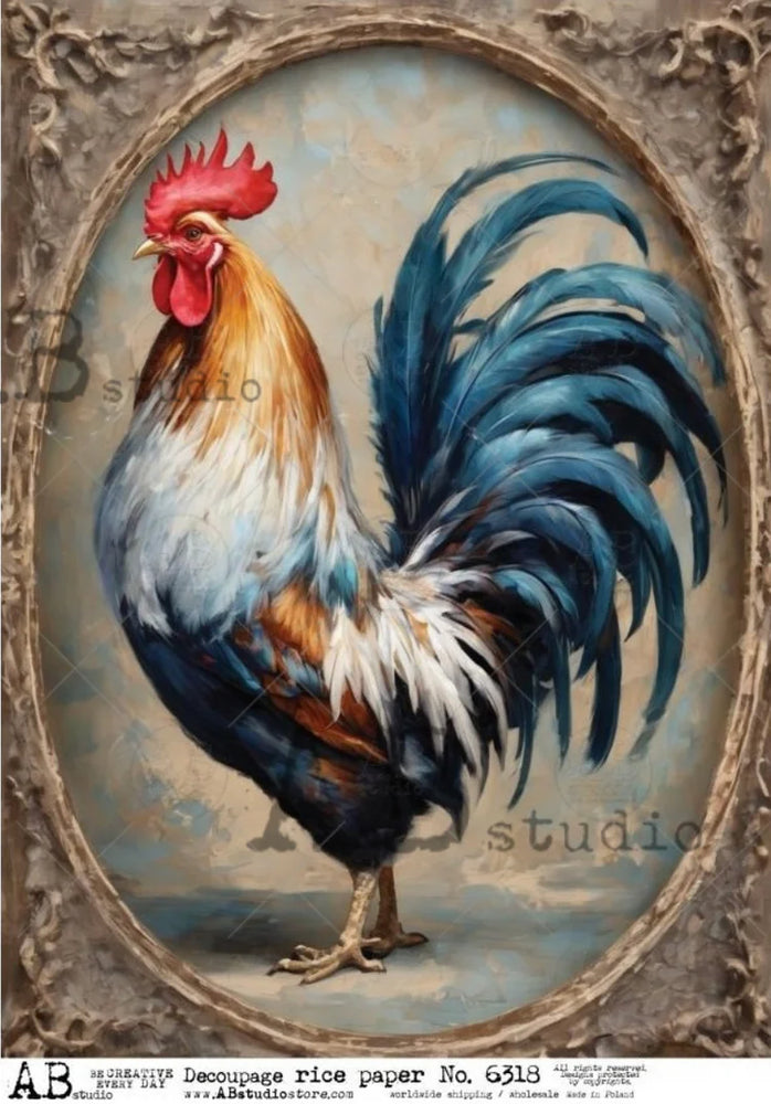 Framed Rooster (#6318) Rice Paper- AB Studios